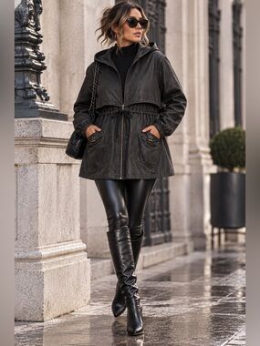 Plus Size Edgy Moto 3X Grunge Goth Streetwear Leather Like Hooded Parka Jacket